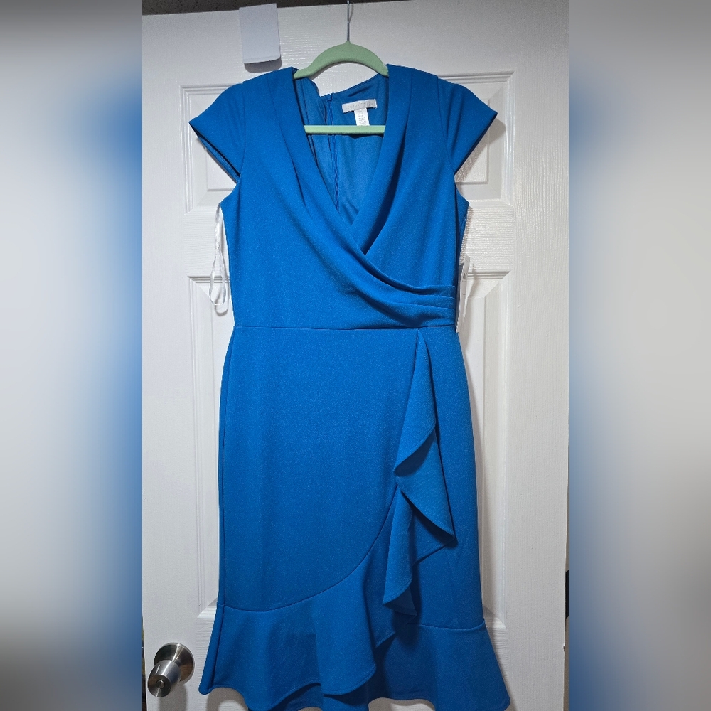 Tahari ASL Cobalt Blue Wrap-Front Cap Sleeve Midi Dress